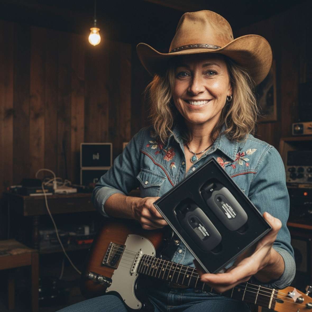 woman in cowboy hat holding a CFG cable free guitar SonikSphere 5.8ghz wireless guitar system for guitar and bass