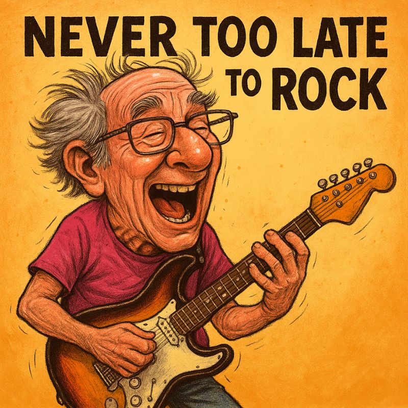 exaggerated caricature older person playing a fender stratocaster with text that says never too late to rock 