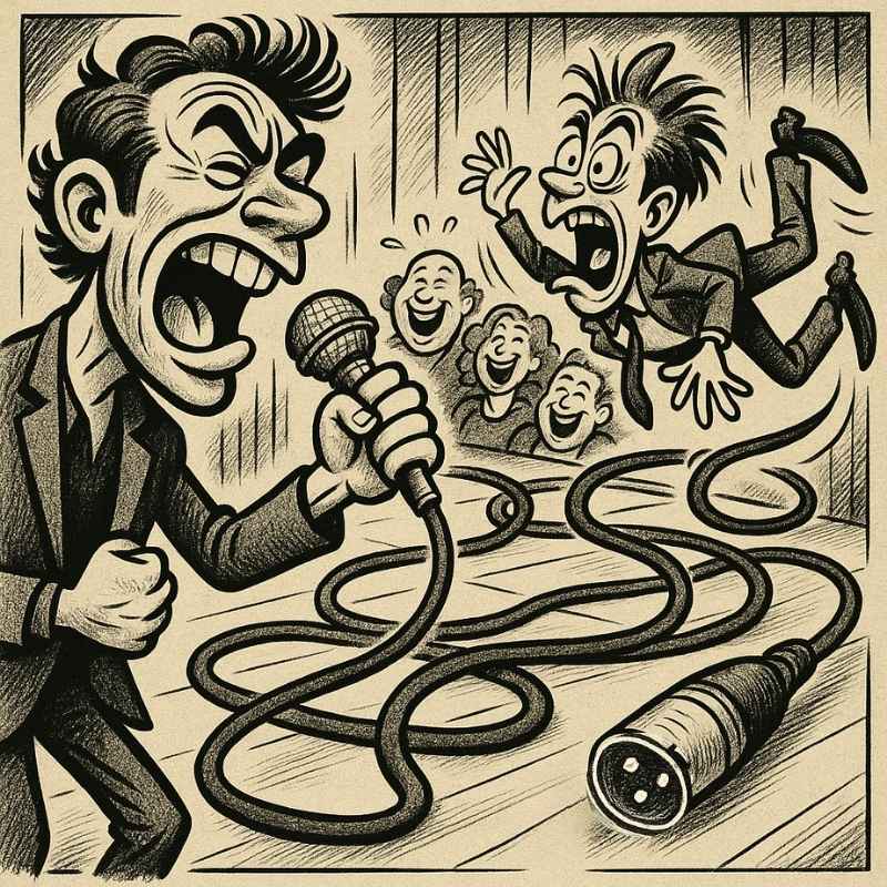 Cartoon-style drawing of a singer shouting into a wired microphone as another performer trips over tangled cables while the audience laughs. Illustration from CFG Cable Free Guitar blog post 