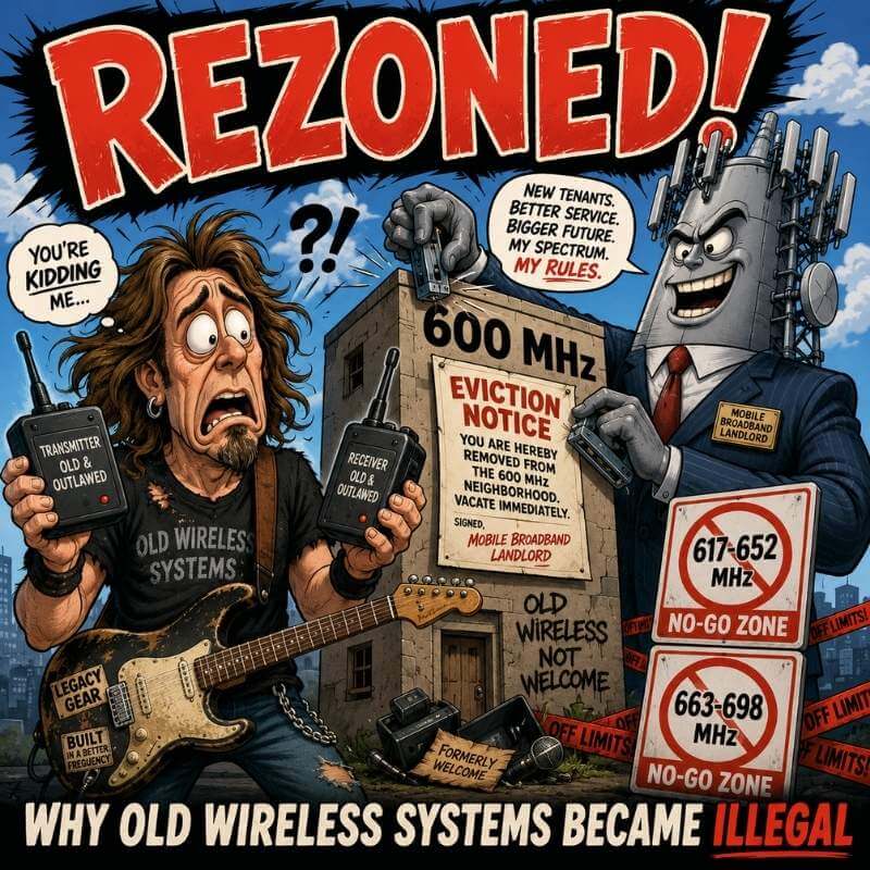 CFG Cable Free Guitar cartoon showing old 600 MHz wireless guitar systems being rezoned as illegal, with 617-652 MHz and 663-698 MHz no-go zones
