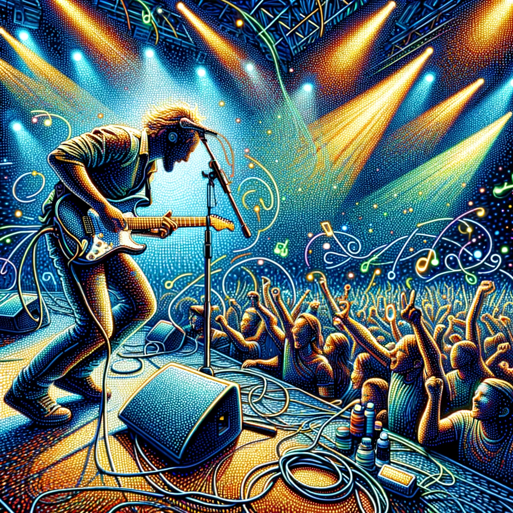 Electric guitar player engages with excited crowd during a vibrant live concert, surrounded by dynamic, colorful stage lights