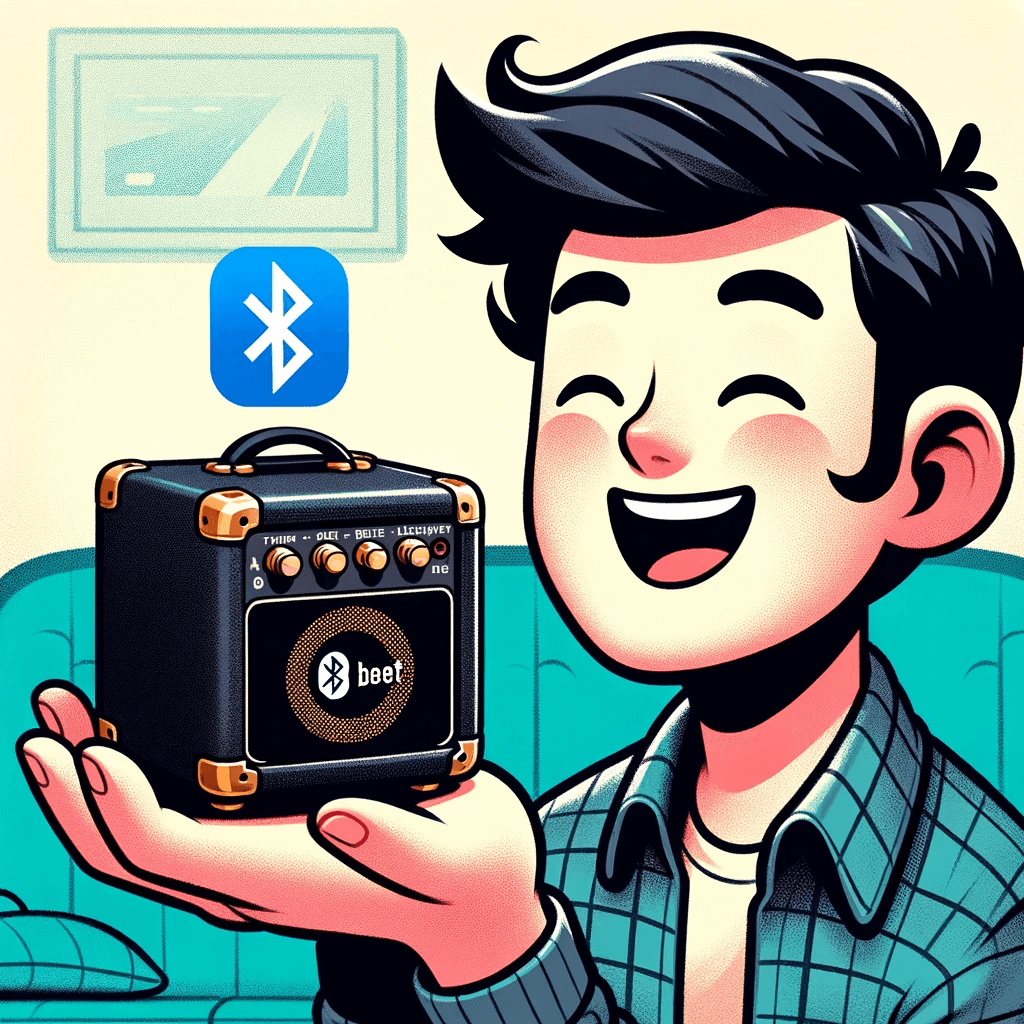 Cartoon-style illustration of a joyful musician holding a small, black mini guitar amplifier with golden knobs and a Bluetooth symbol, symbolizing the TuneBoy amp's fun and user-friendly design against a vibrant living room backdrop.
