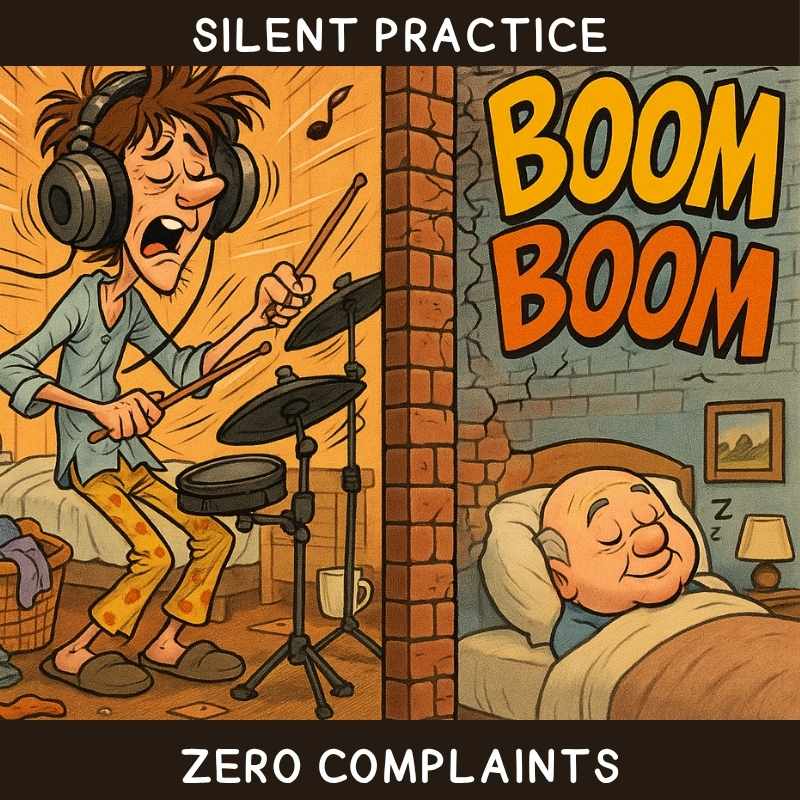 Funny cartoon illustration by Cable Free Guitar (CFG) showing a drummer wearing oversized CFG StudioSphere closed-back headphones, rocking out on an electronic drum kit in pajamas while the neighbor peacefully sleeps in the next room.