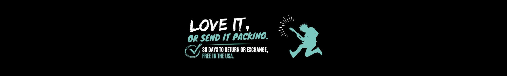 30 day return policy for CFG cable free guitar saying LOVE IT OR SEND IT PACKING #) DAYS RO RETURN OR EXCHANGE FREE IN THE USA with a guitar player and radial lines