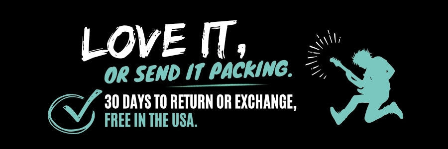 30 day return policy for CFG cable free guitar saying LOVE IT OR SEND IT PACKING #) DAYS RO RETURN OR EXCHANGE FREE IN THE USA with a guitar player and radial lines