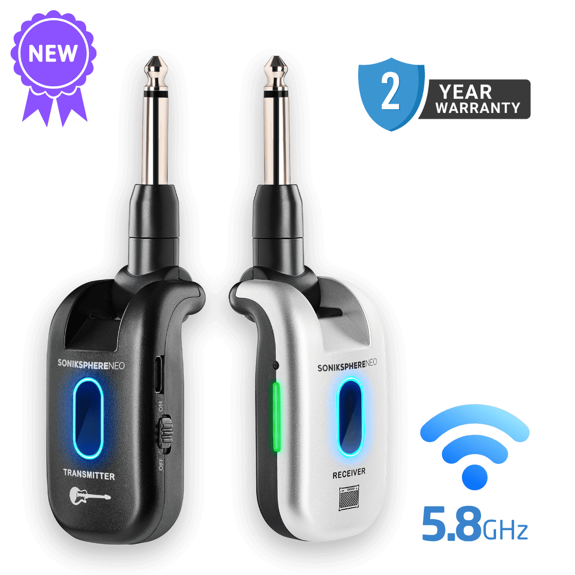 CFG Cable Free Guitar SonikSphere NEO 5.8GHz wireless guitar system featuring a black transmitter and silver receiver with illuminated status LEDs, plus New, 2-Year Warranty, and 5.8GHz icons 