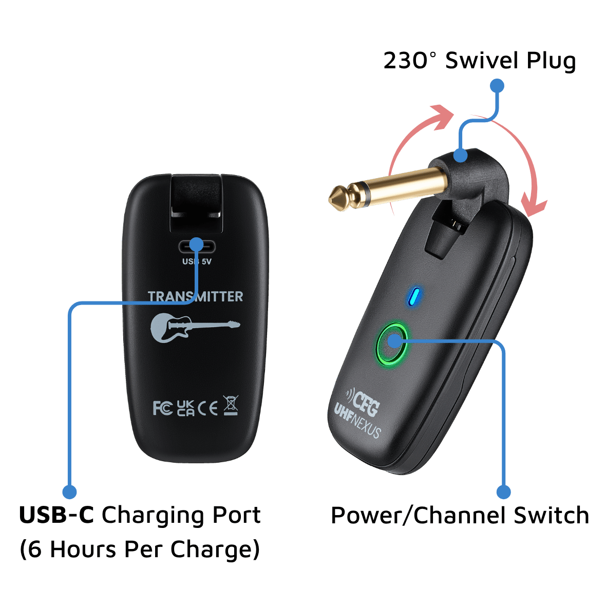 Guitar wireless transmitter and receiver with USB-C charging port and 230-degree swivel plug on a green background. CFG Cable Free Guitar UHF Nexus wireless guitar and bass system professional cable-free performance 7 seven channels no interference color coded black and white receiver transmitter freedom stage music musician cordless dongle