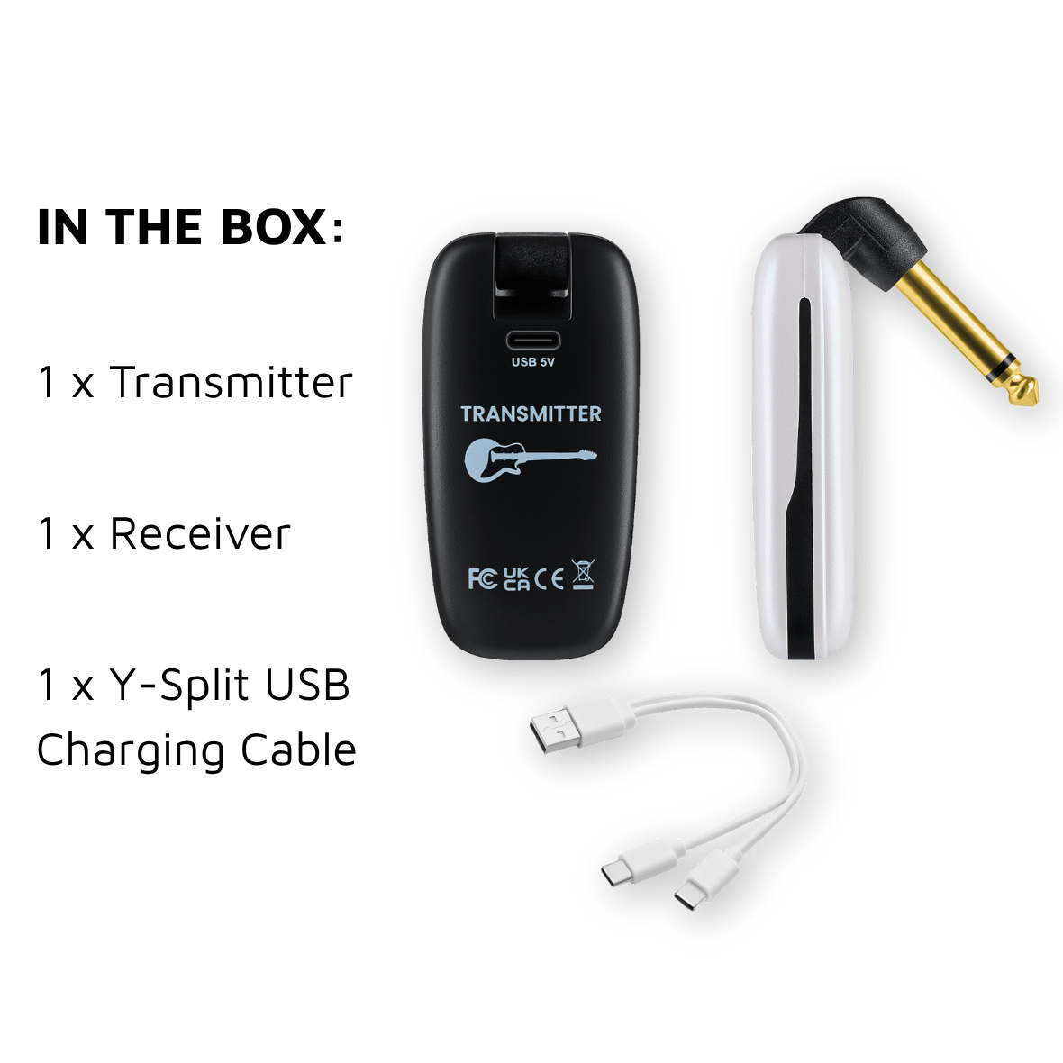 Guitar wireless system components including transmitter, receiver, and charging cable on a green background. CFG Cable Free Guitar UHF Nexus wireless guitar and bass system professional cable-free performance 7 seven channels no interference color coded black and white receiver transmitter freedom stage music musician cordless dongle