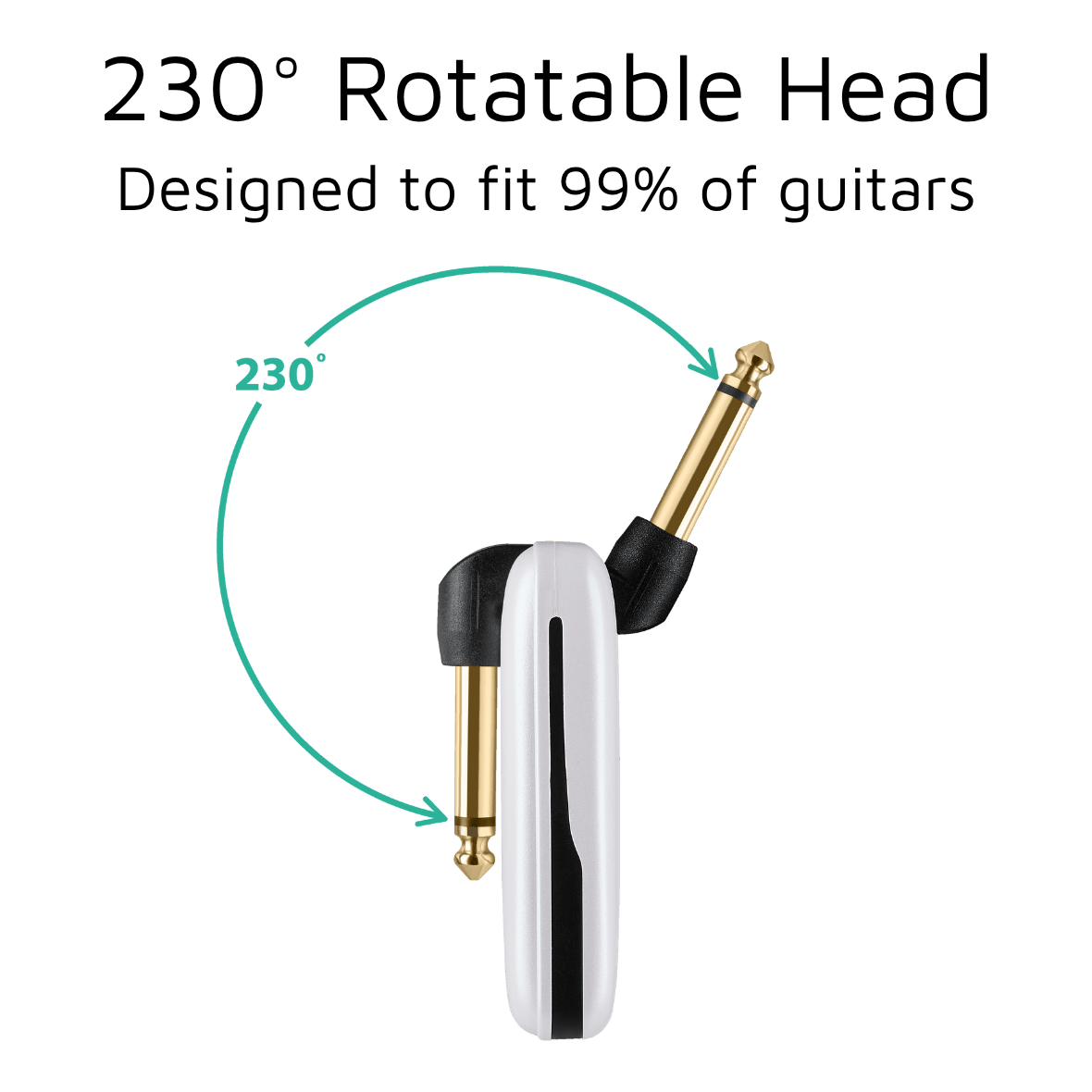 Rotatable guitar headstock adapter with text on a green background CFG Cable Free Guitar UHF Nexus wireless guitar and bass system professional cable-free performance 7 seven channels no interference color coded black and white receiver transmitter freedom stage music musician cordless dongle