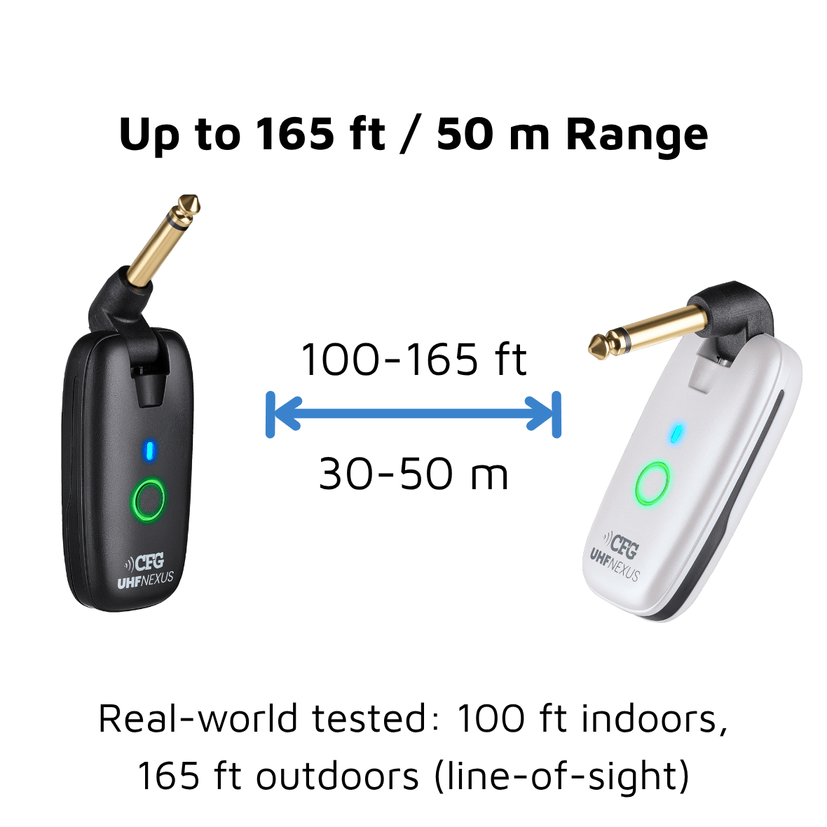 Two wireless guitar transmitter and receiver units with range information on a green background CFG Cable Free Guitar UHF Nexus wireless guitar and bass system professional cable-free performance 7 seven channels no interference color coded black and white receiver transmitter freedom stage music musician cordless dongle