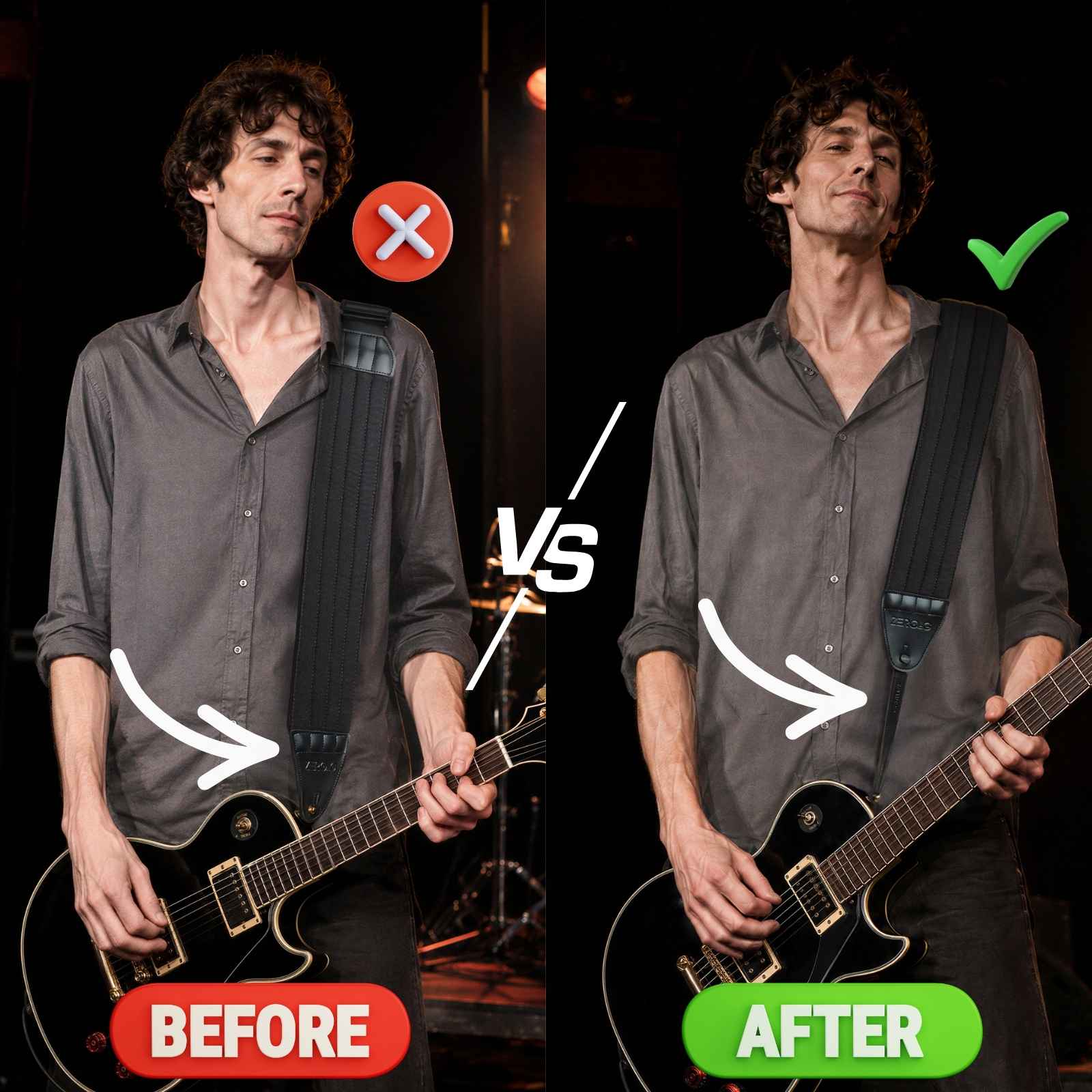CFG Cable Free Guitar Gravity Gap before and after comparison showing how the strap extender lowers the guitar's playing position, improving comfort, reach, and natural playing posture without changing the strap adjustment