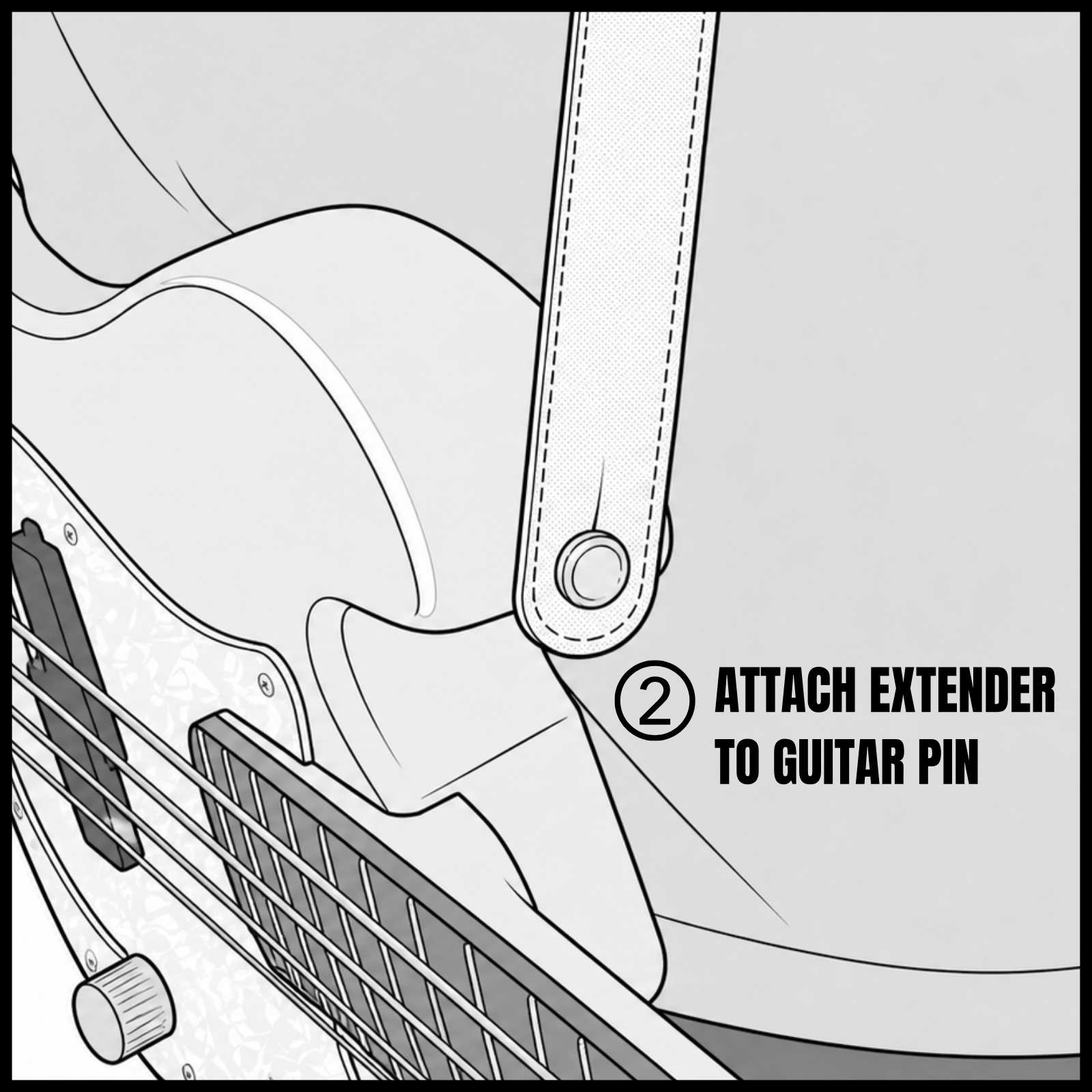 CFG Cable Free Guitar Gravity Gap installation guide showing the extender securely attached to the guitar strap button, adding extra strap length while maintaining a safe, reliable connection for comfortable playing