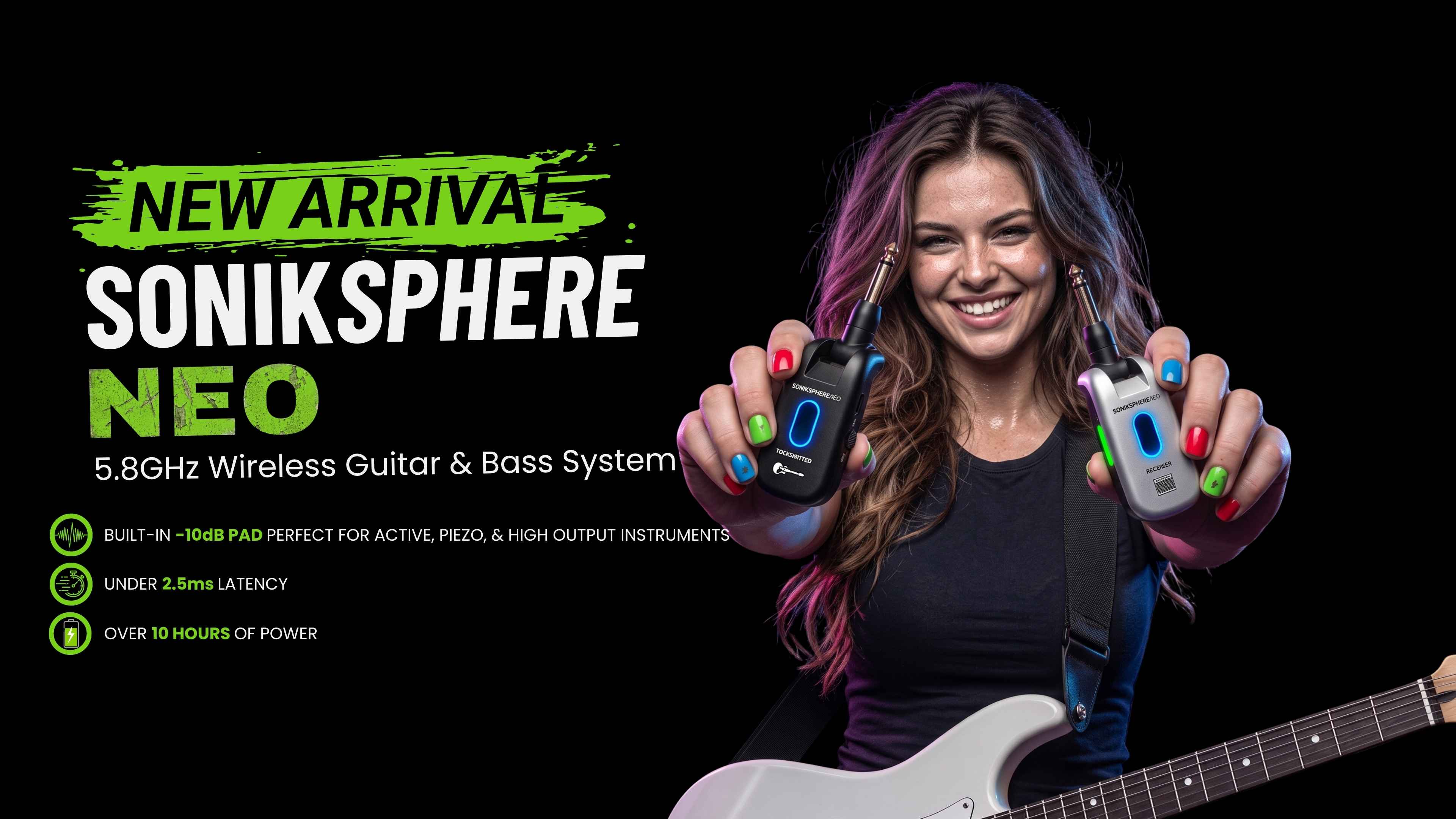 CFG Cable Free Guitar SONIKSPHERE NEO wireless guitar and bass system professional cable-free performance 6 seven channels no interference color coded black and white receiver transmitter freedom stage music musician cordless dongle