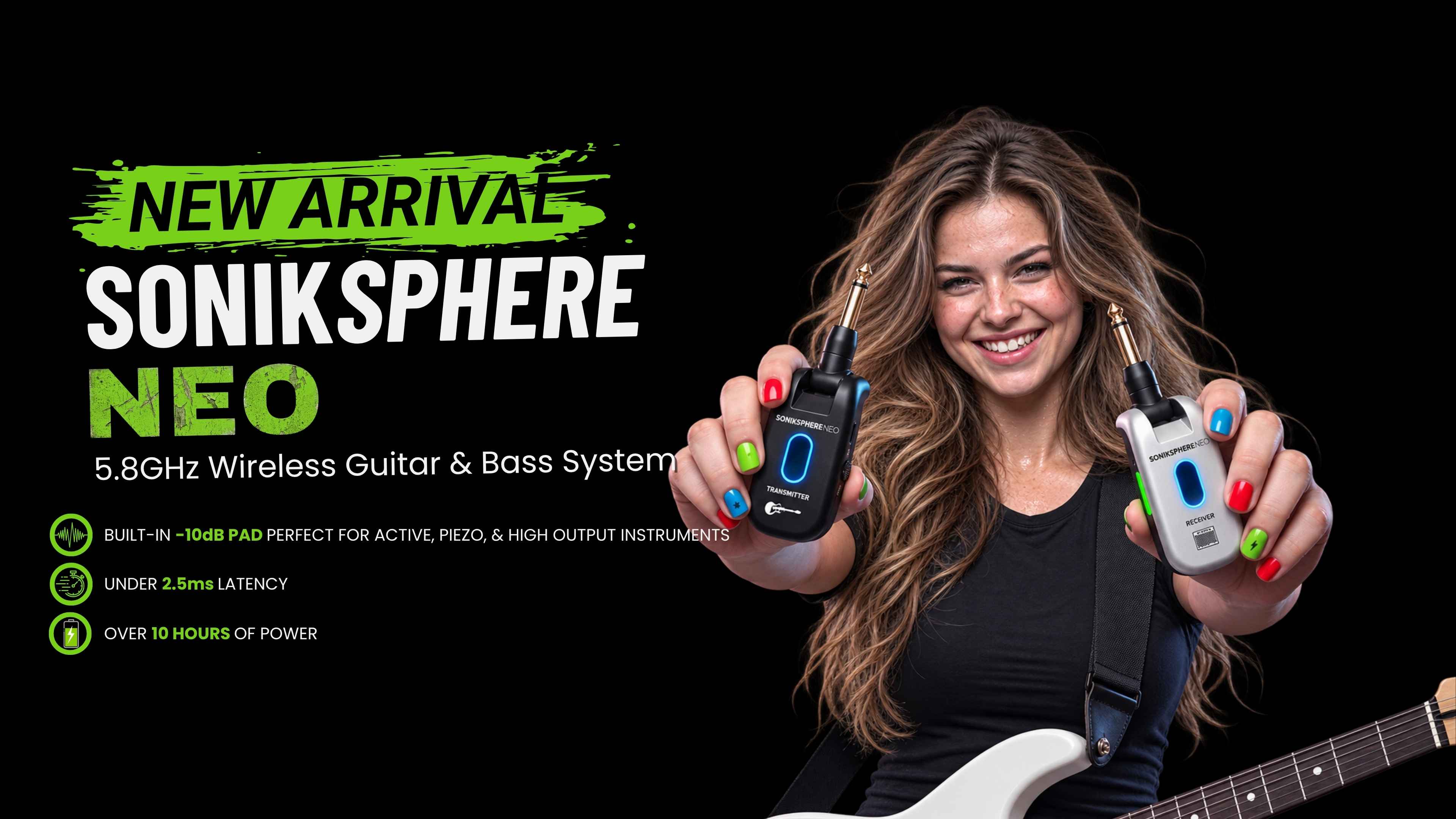 CFG Cable Free Guitar SONIKSPHERE NEO wireless guitar and bass system professional cable-free performance 6 seven channels no interference color coded black and white receiver transmitter freedom stage music musician cordless dongle