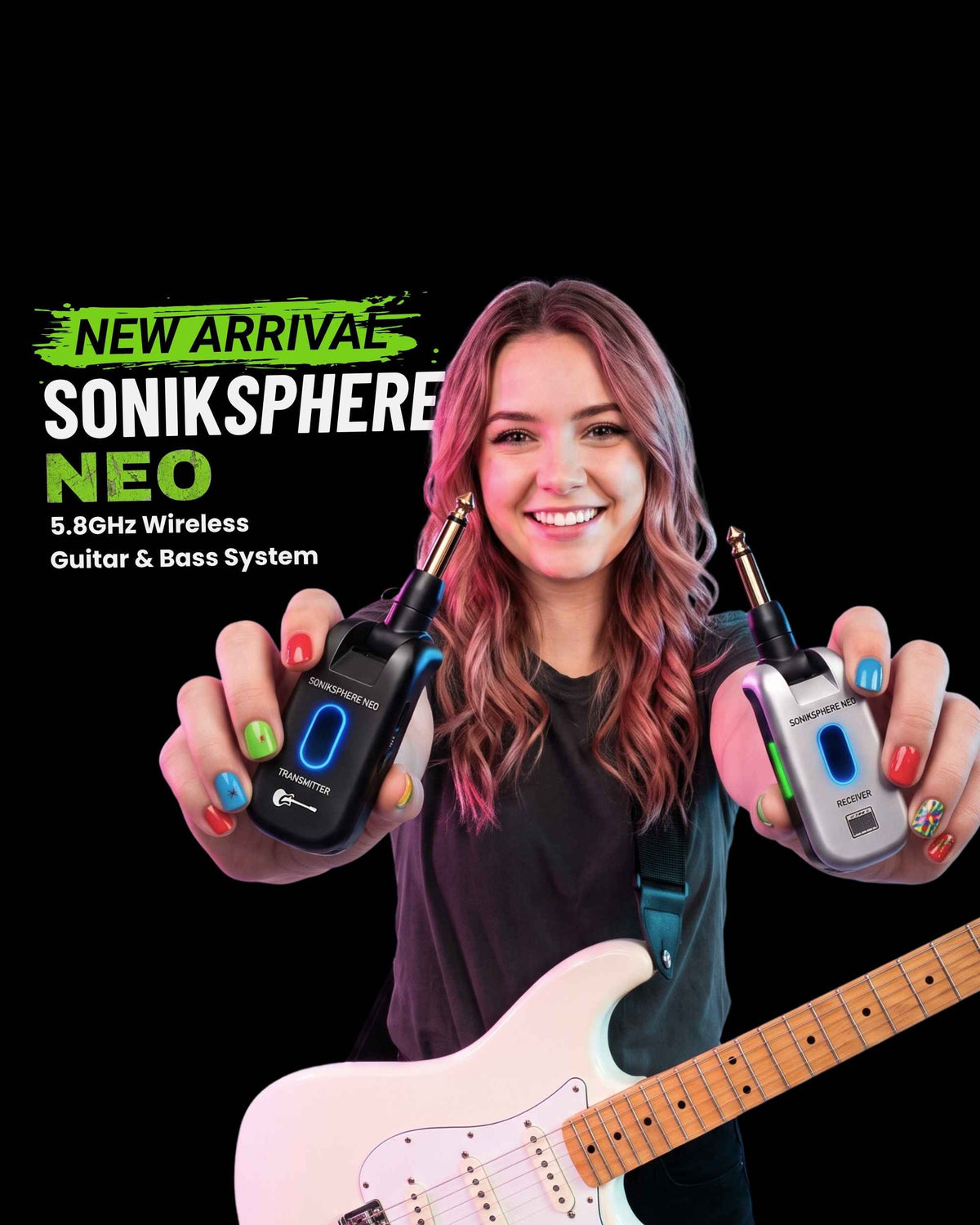 CFG Cable Free Guitar SONIKSPHERE NEO wireless guitar and bass system professional cable-free performance 6 seven channels no interference color coded black and white receiver transmitter freedom stage music musician cordless dongle