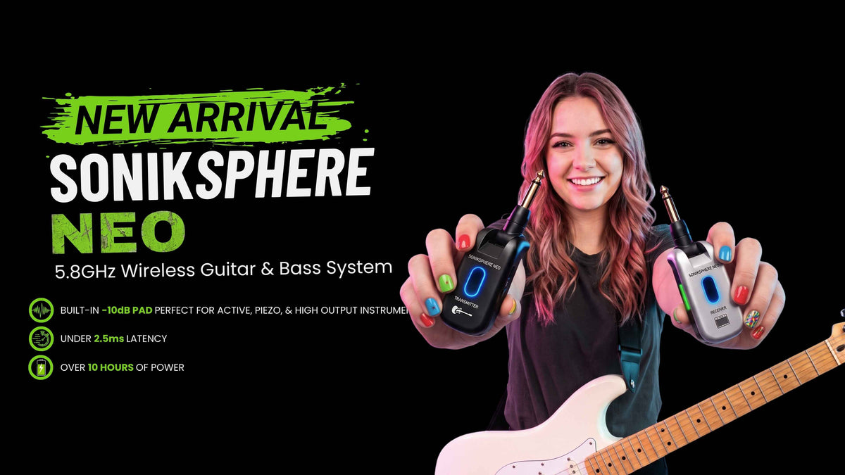CFG Cable Free Guitar SONIKSPHERE NEO wireless guitar and bass system professional cable-free performance 6 seven channels no interference color coded black and white receiver transmitter freedom stage music musician cordless dongle