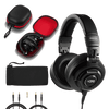 Black headphones with accessories including a carrying case, cables, and a pouch on a transparent background. CFG Cable Free Guitar STUDIOSPHERE Monitoring Headphones — For Guitar Bass, Studio, & Everyday Listening - complete set