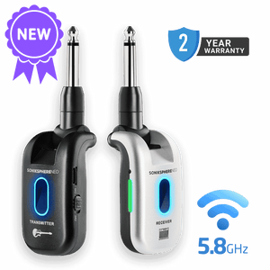 CFG Cable Free Guitar SonikSphere NEO 5.8GHz wireless guitar system featuring a black transmitter and silver receiver with illuminated status LEDs, plus New, 2-Year Warranty, and 5.8GHz icons on a white background