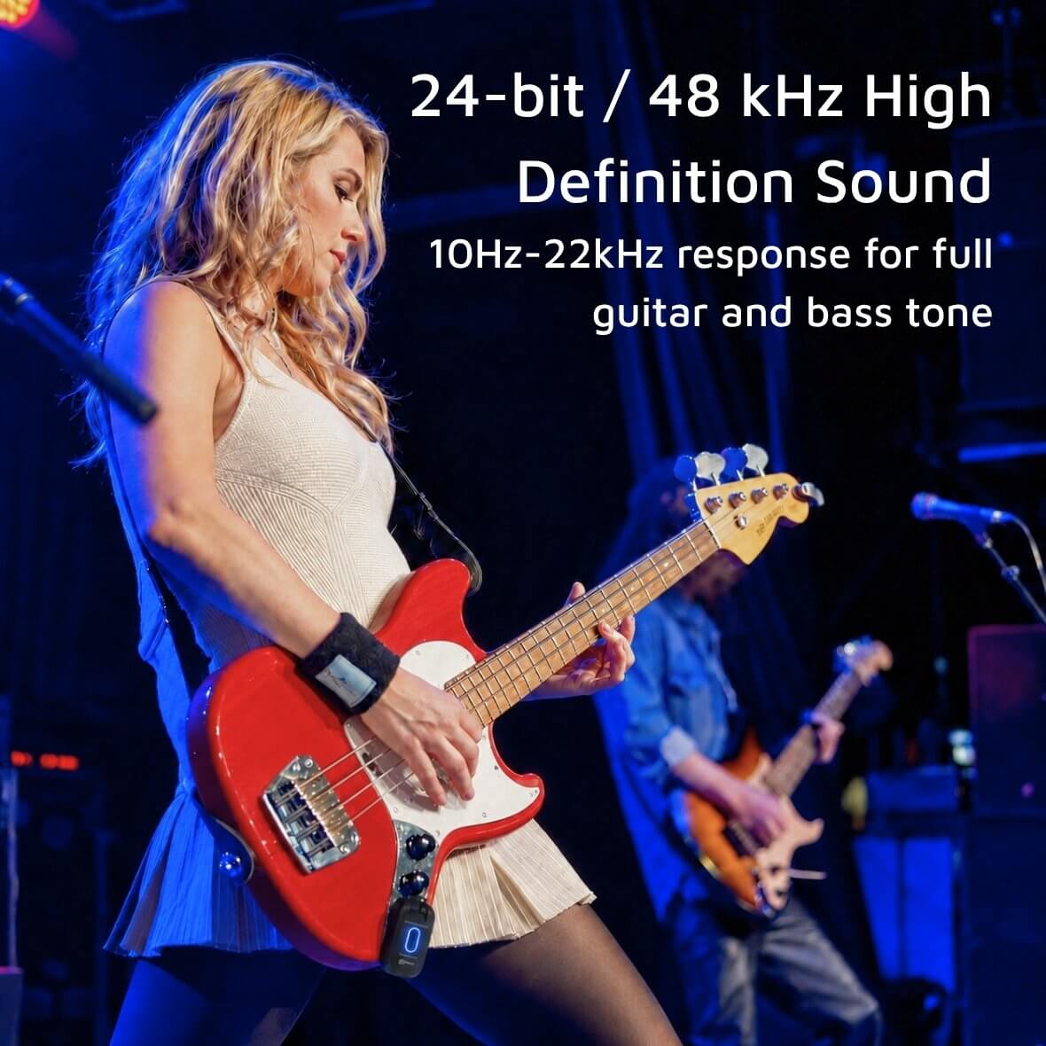 CFG Cable Free Guitar SonikSphere NEO 5.8GHz wireless guitar system in use during a live performance, highlighting 24-bit/48 kHz high-definition audio and a 10 Hz to 22 kHz frequency response for full-range guitar and bass tone