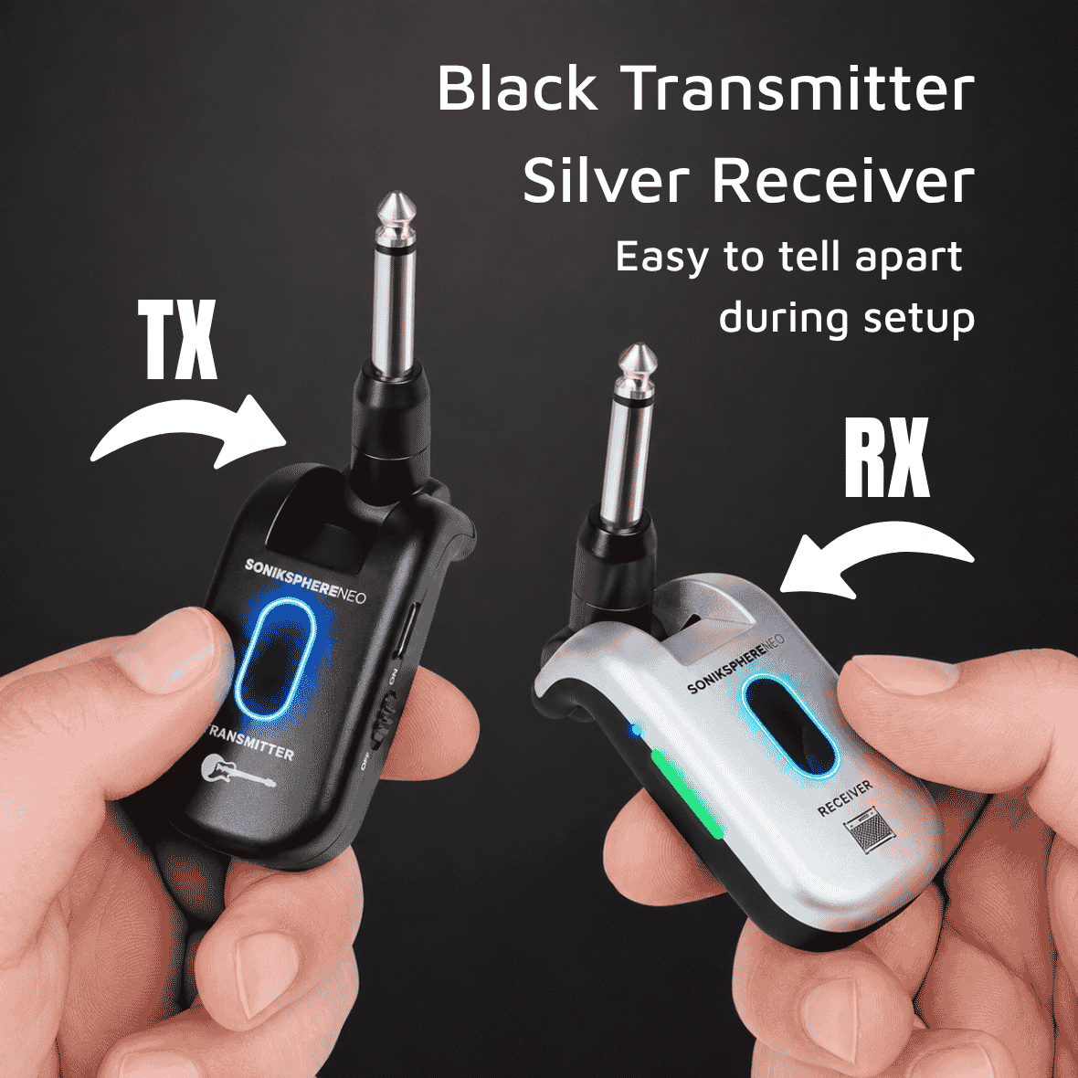 CFG Cable Free Guitar SonikSphere NEO 5.8GHz wireless guitar system showing the black transmitter and silver receiver held side by side, making it easy to identify the TX and RX units during setup.
