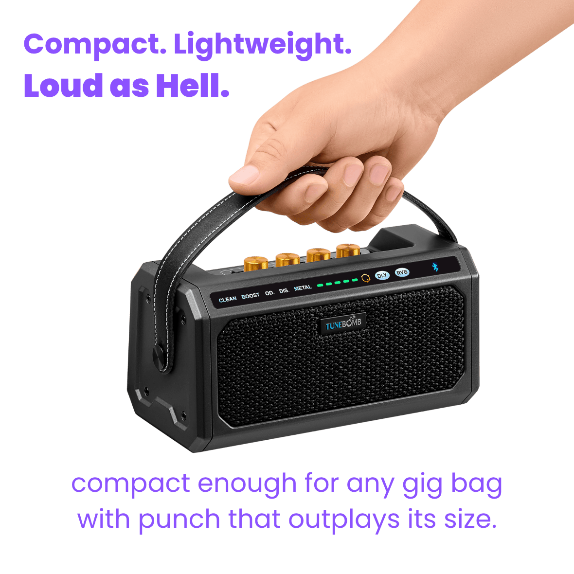 CFG Cable Free Guitar TuneBomb 10W portable rechargeable mini amp for guitar and bass with handle, 5 amp modes, Bluetooth, and built-in effects