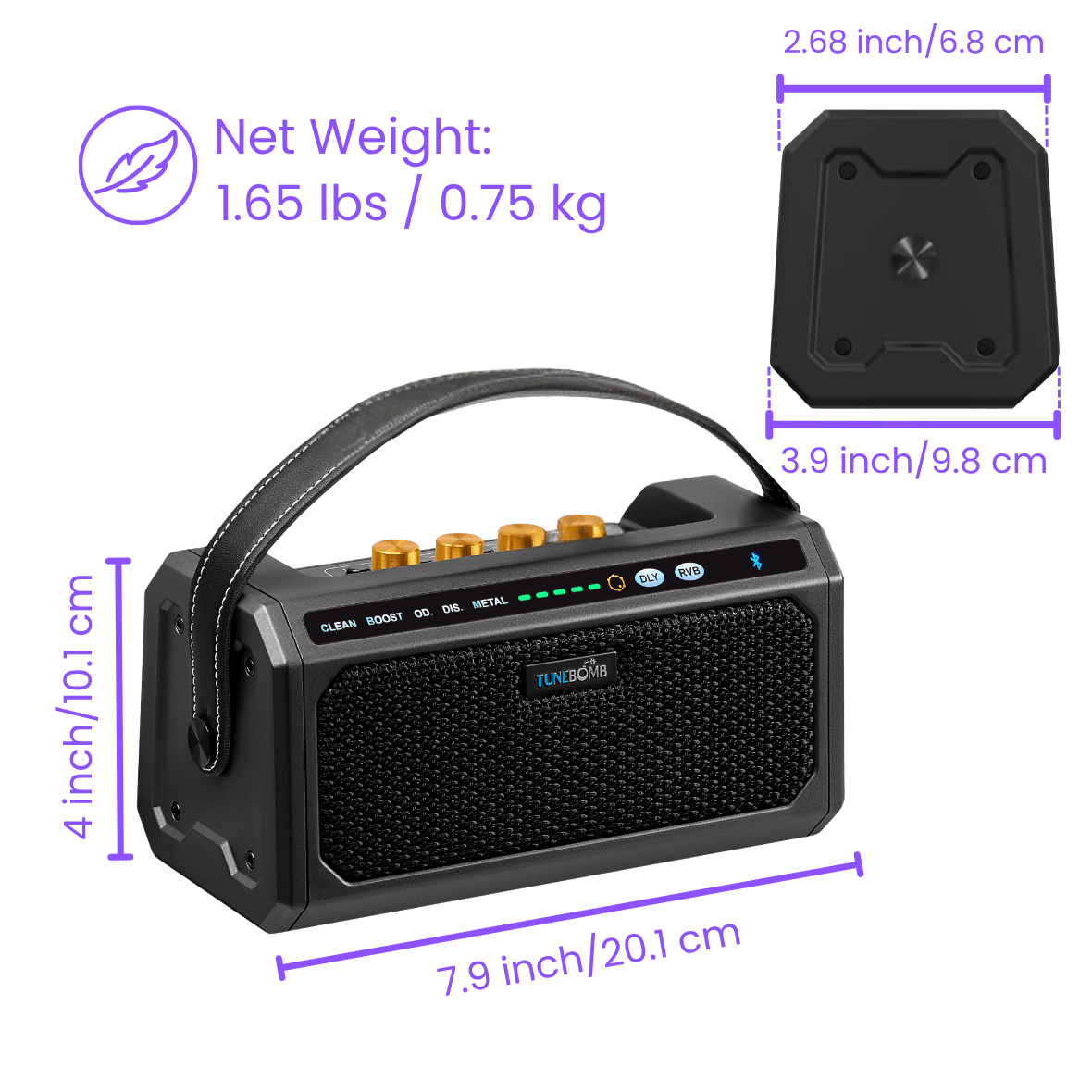 CFG Cable Free Guitar TuneBomb 10W portable rechargeable mini amp for guitar and bass with handle, 5 amp modes, Bluetooth, and built-in effects