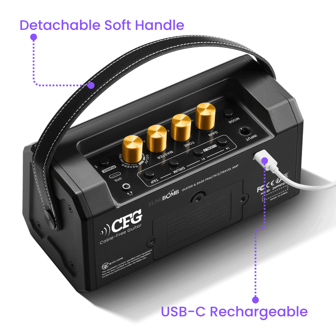 CFG Cable Free Guitar TuneBomb 10W portable rechargeable mini amp for guitar and bass with handle, 5 amp modes, Bluetooth, and built-in effects