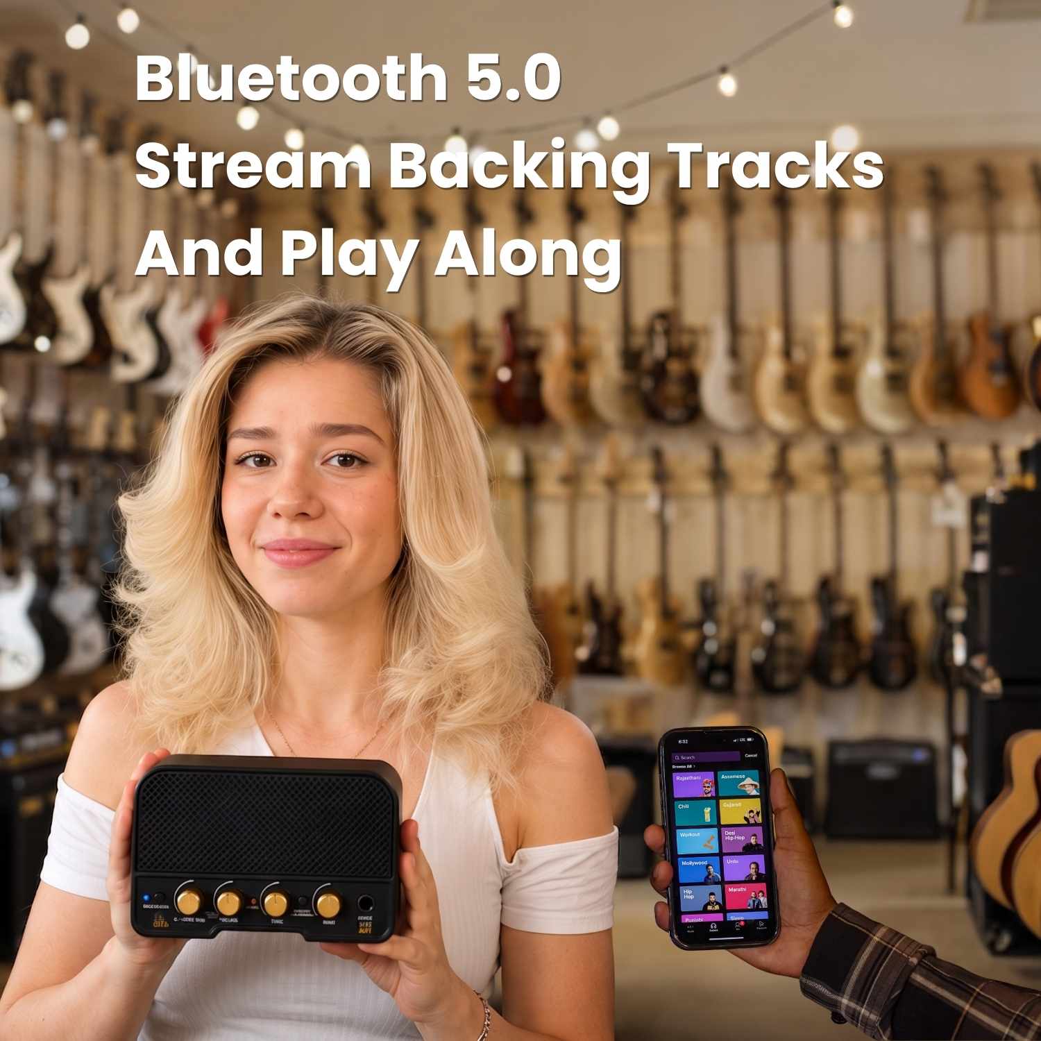CFG Cable Free Guitar TuneBoy rechargeable mini guitar amp with Bluetooth 5.0, streaming backing tracks from your phone, tablet, or computer so you can practice and play along anywhere without extra gear