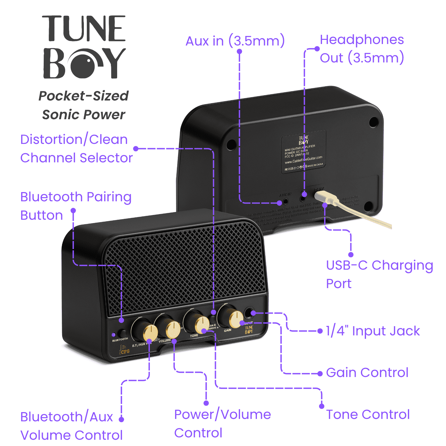 CFG Cable Free Guitar TuneBoy rechargeable mini guitar amp with Bluetooth, clean and distortion modes, AUX input, headphone output, USB-C charging, gain, tone, and volume controls for portable guitar practice
