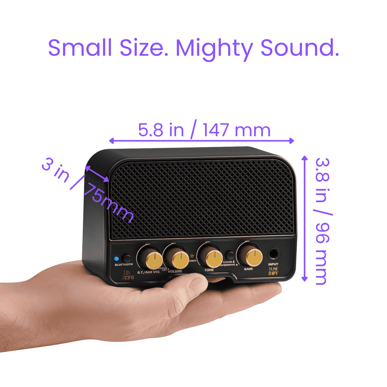 CFG Cable Free Guitar TuneBoy rechargeable mini guitar amp with a palm-sized 5.8 x 3.8 x 3-inch design for portable practice at home, backstage, or while traveling

