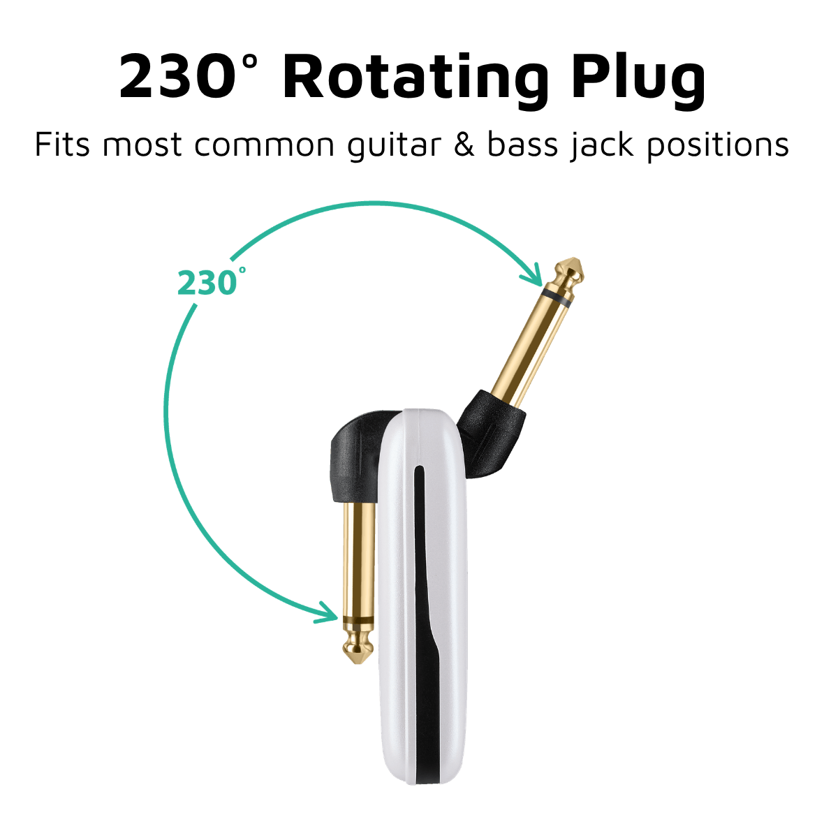 A 230° rotating guitar and bass jack adapter on a white background, with text reading '230° Rotating Plug' and a teal arrow showing the rotation feature CFG Cable Free Guitar UHF Nexus wireless guitar and bass system professional cable-free performance 7 seven channels no interference color coded black and white receiver transmitter freedom stage