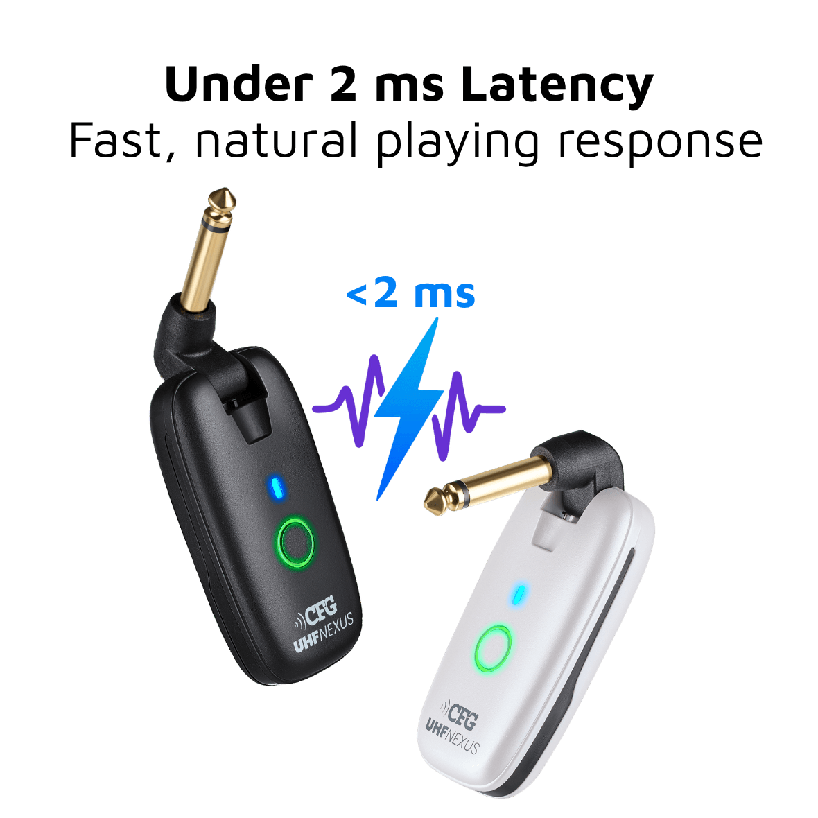 CFG Cable Free Guitar UHF Nexus wireless guitar and bass system professional cable-free performance 7 seven channels no interference color coded black and white receiver transmitter freedom stage