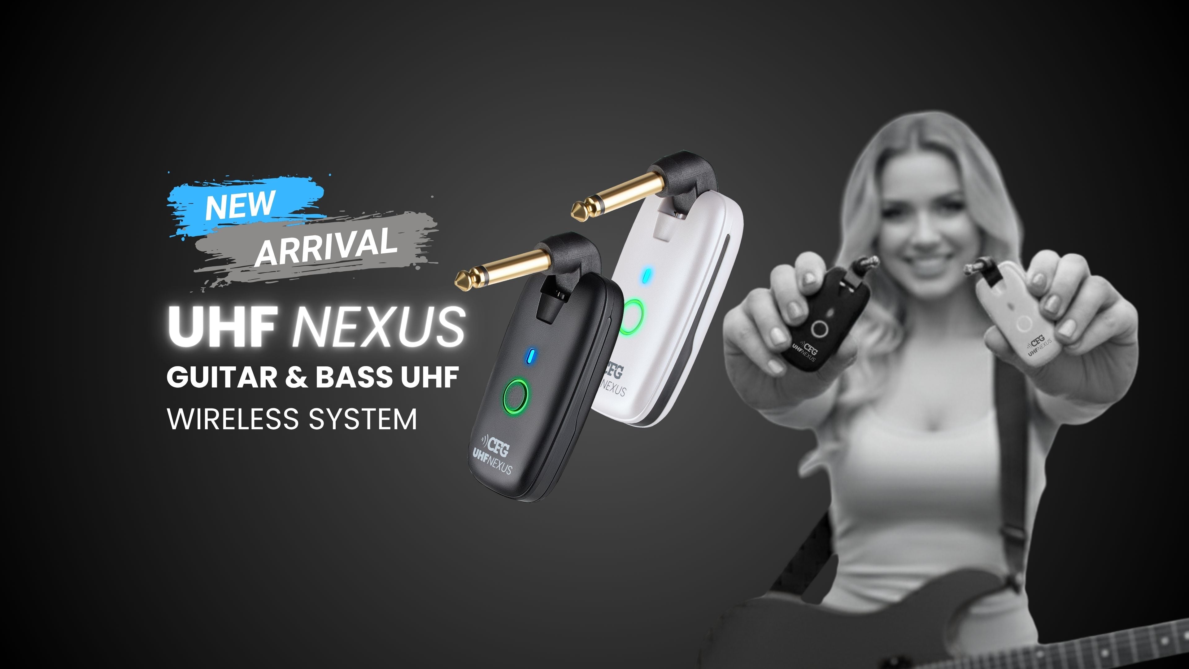 CFG Cable Free Guitar UHF Nexus wireless guitar and bass system professional cable-free performance 7 seven channels no interference color coded black and white receiver transmitter freedom stage music musician cordless dongle