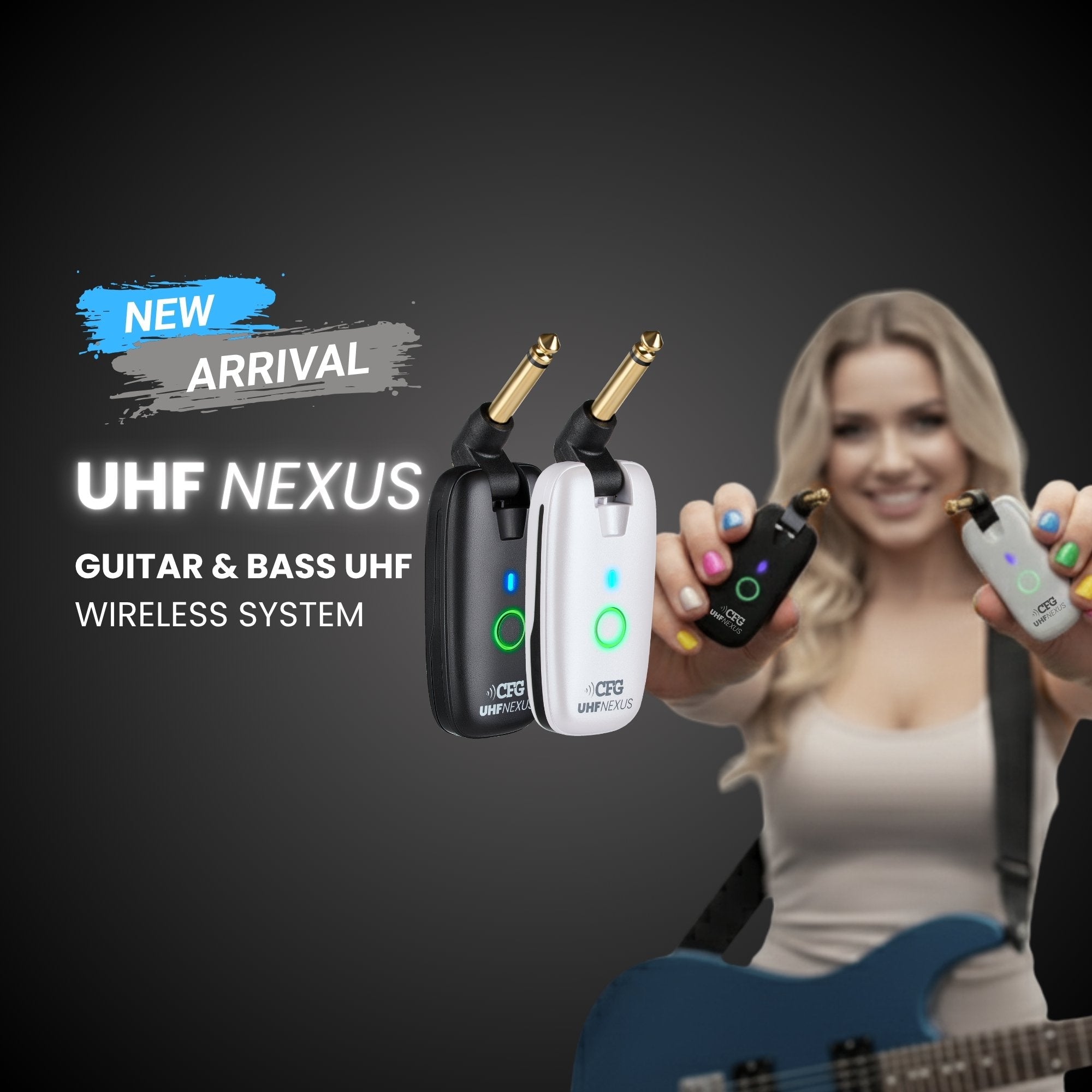 CFG Cable Free Guitar UHF Nexus wireless guitar and bass system professional cable-free performance 7 seven channels no interference color coded black and white receiver transmitter freedom stage music musician cordless dongle