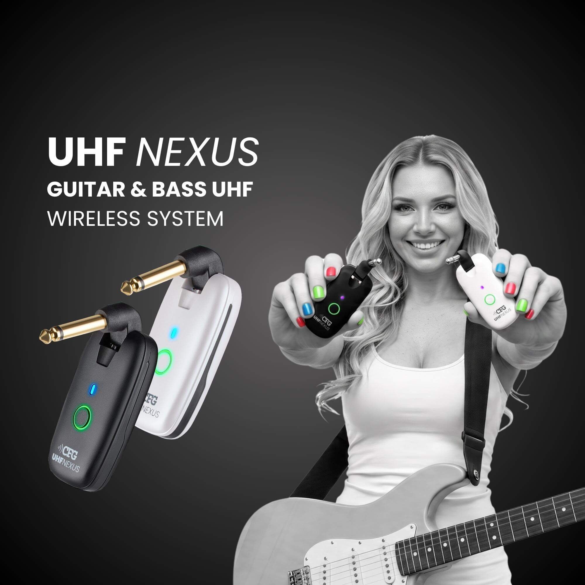 CFG Cable Free Guitar UHF Nexus wireless guitar and bass system professional cable-free performance 7 seven channels no interference color coded black and white receiver transmitter freedom stage music musician cordless dongle