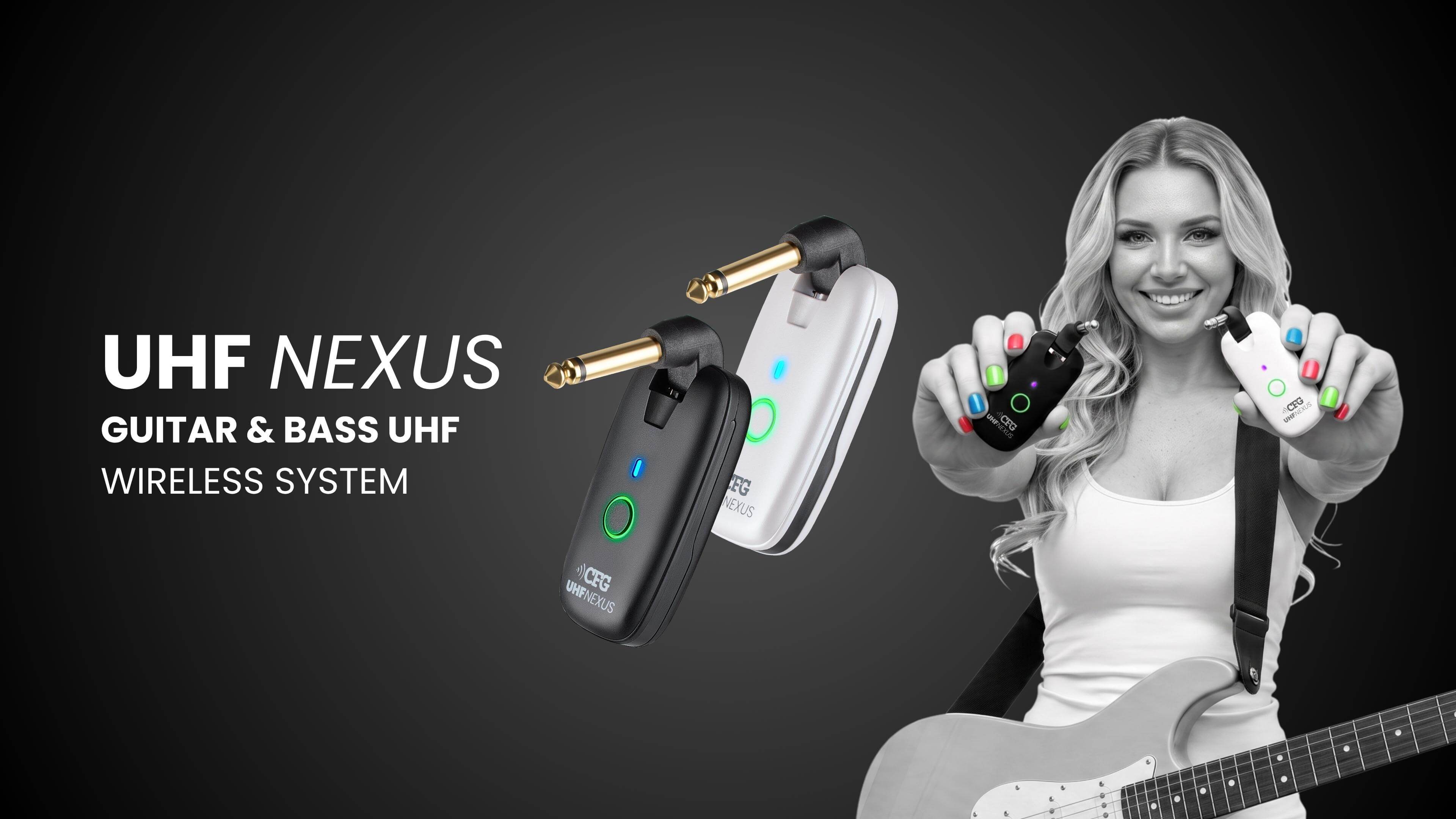 CFG Cable Free Guitar UHF Nexus wireless guitar and bass system professional cable-free performance 7 seven channels no interference color coded black and white receiver transmitter freedom stage music musician cordless dongle