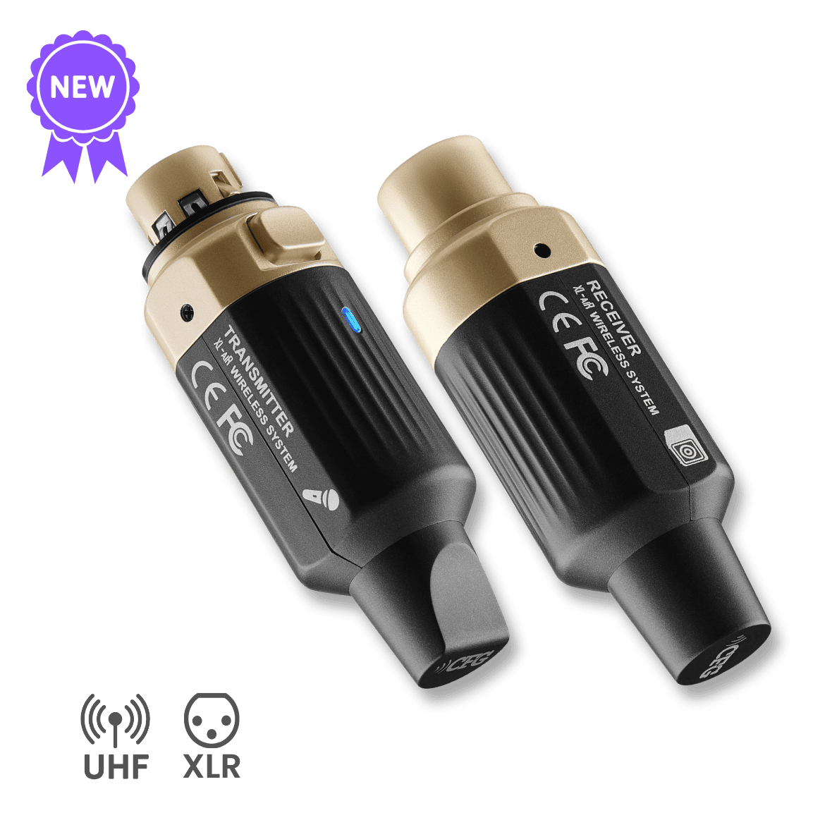 cfg cable free guitar xl-air Transmitter and receiver units with UHF and XLR symbols on a green background