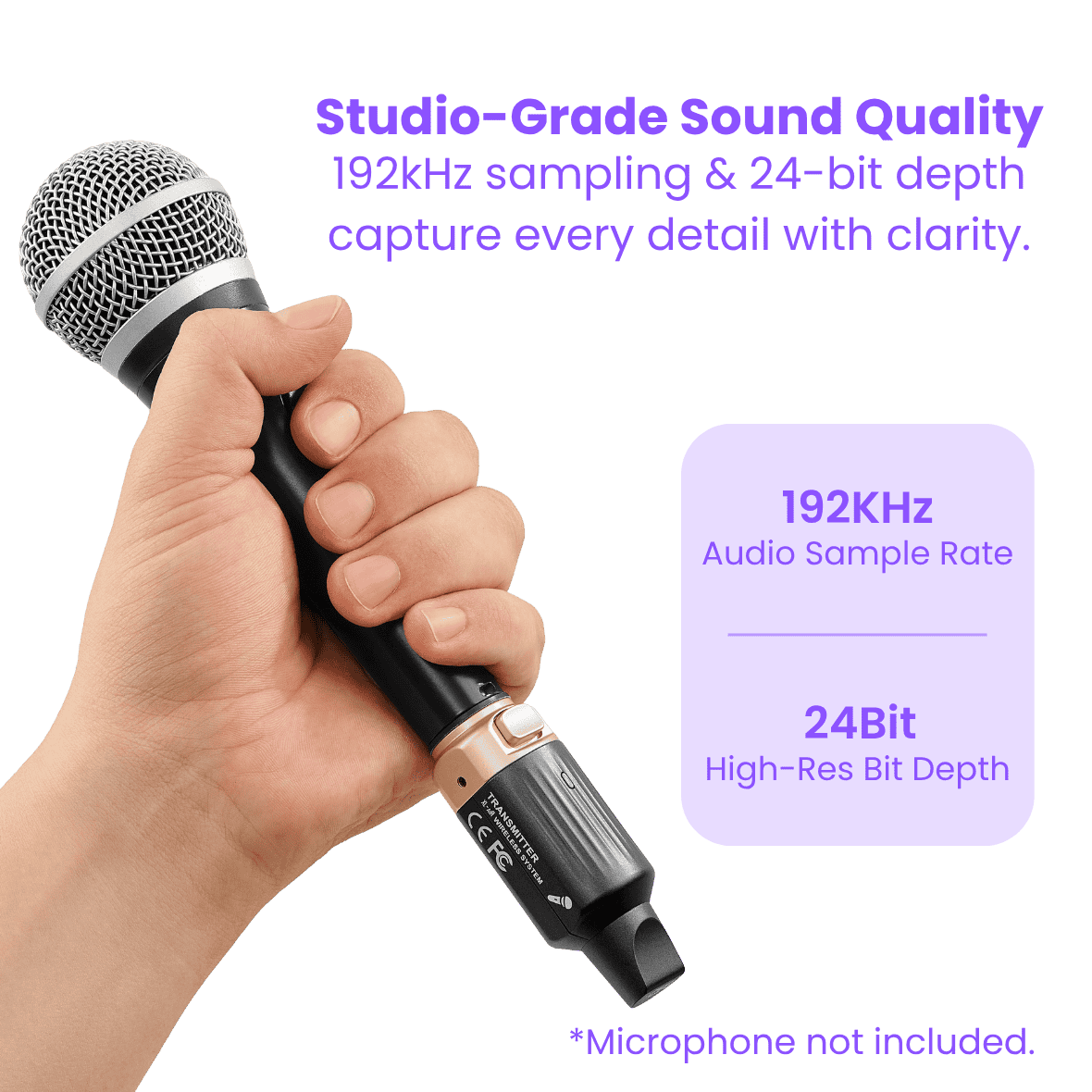 CFG Cable Free Guitar XL-aiR dynamic microphone  Hand holding a microphone with text about studio-grade sound quality on a green background