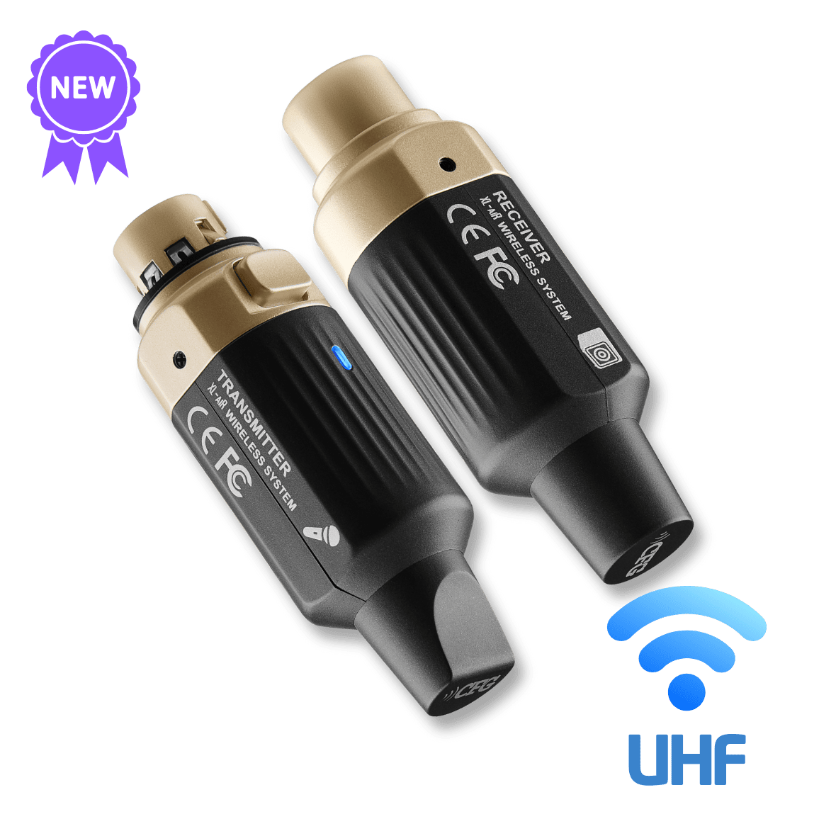 cfg cable free guitar xl-air Transmitter and receiver units with UHF and XLR symbols on a green background