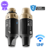 Transmitter and receiver set with UHF wireless system branding on a green background CFG Cable Free Guitar XL-aiR wireless system for dynamic mics microphones rechargeable USB-C range 165 feet 50 meters Pro XLR Audio 6-hour battery