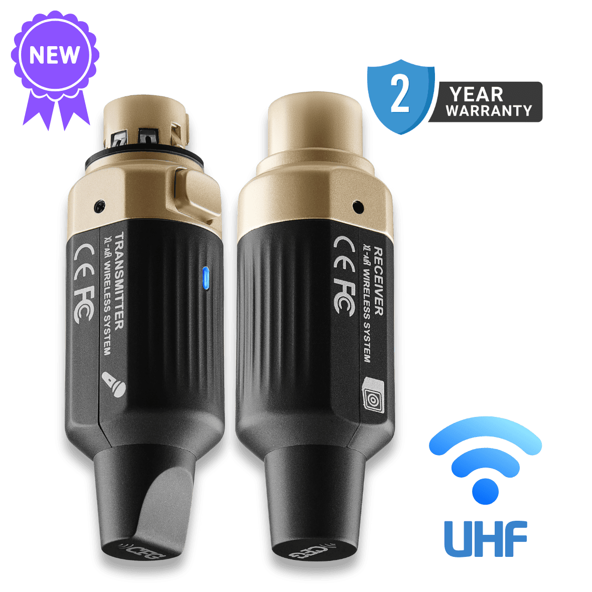 Transmitter and receiver set with UHF wireless system branding on a green background CFG Cable Free Guitar XL-aiR wireless system for dynamic mics microphones rechargeable USB-C range 165 feet 50 meters Pro XLR Audio 6-hour battery