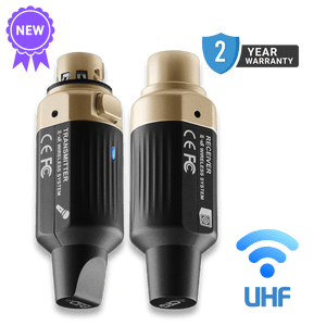 Transmitter and receiver set with UHF wireless system branding on a green background CFG Cable Free Guitar XL-aiR wireless system for dynamic mics microphones rechargeable USB-C range 165 feet 50 meters Pro XLR Audio 6-hour battery