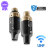 Transmitter and receiver set with UHF wireless system branding on a green background CFG Cable Free Guitar XL-aiR wireless system for dynamic mics microphones rechargeable USB-C range 165 feet 50 meters Pro XLR Audio 6-hour battery