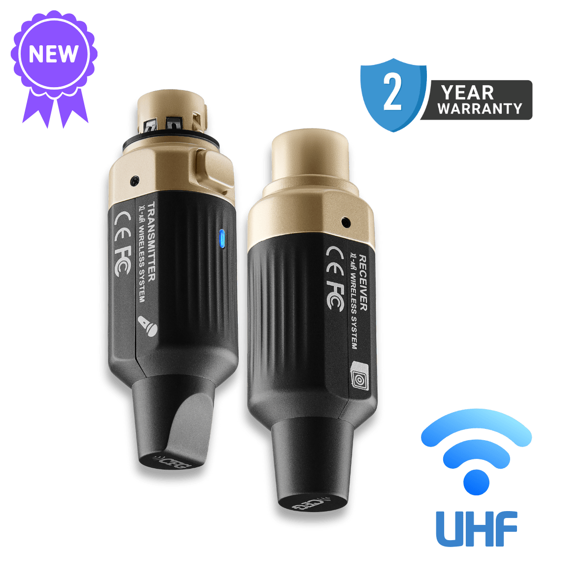Transmitter and receiver set with UHF wireless system branding on a green background CFG Cable Free Guitar XL-aiR wireless system for dynamic mics microphones rechargeable USB-C range 165 feet 50 meters Pro XLR Audio 6-hour battery