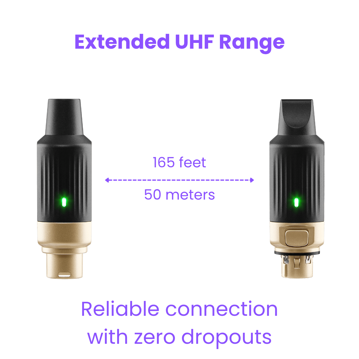 CFG Cable Free Guitar XL-aiR dynamic microphone  Two electronic connectors with a green light indicator on a green background, labeled 'Extended UHF Range' and '165 feet 50 meters'.