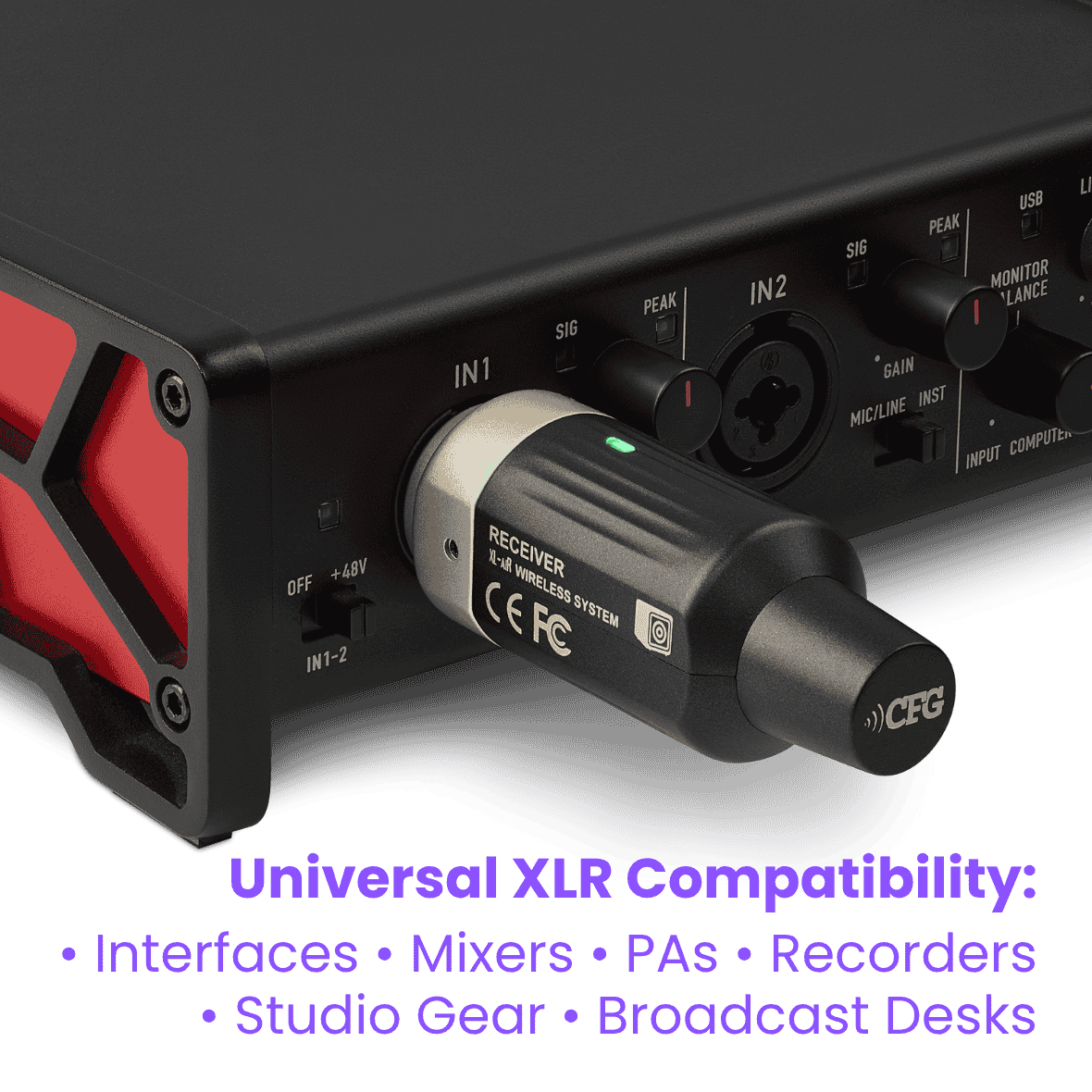 CFG Cable Free Guitar XL-aiR dynamic microphone 
Audio interface with XLR connector on a black background