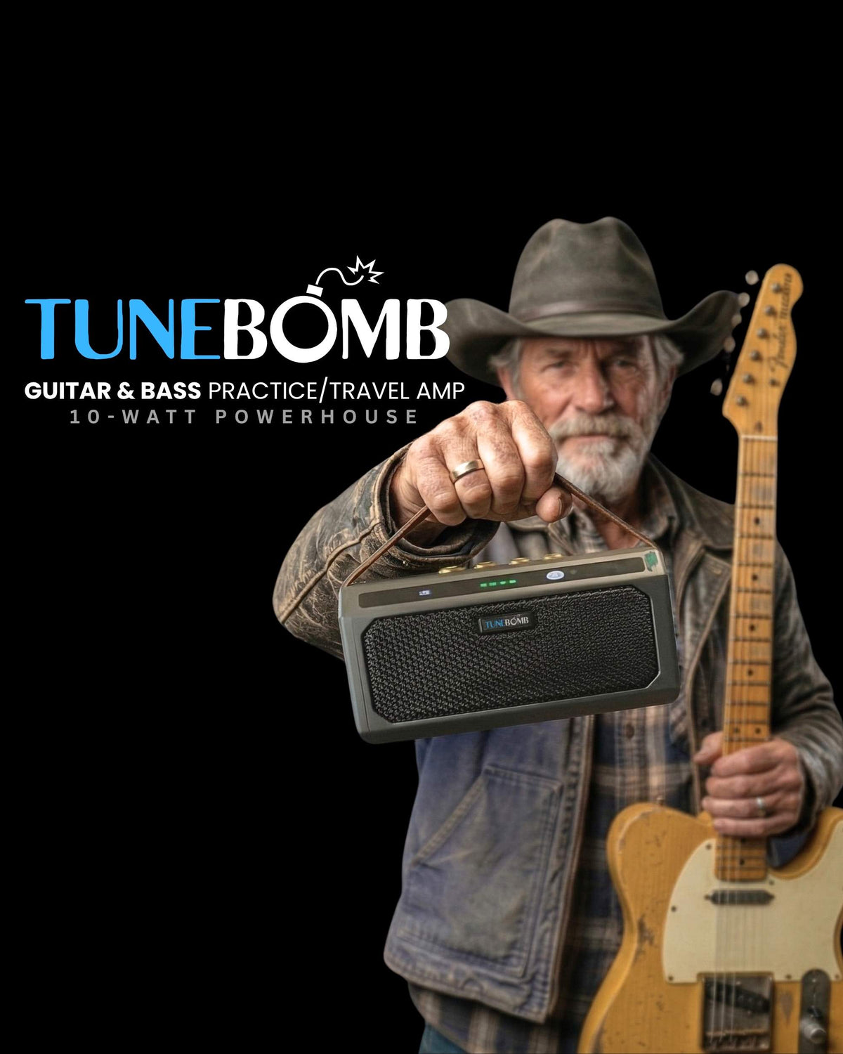 CFG cable free guitar TuneBomb guitar and bass practice travel amp 10-watt powerhouse, female guitarist in leather jacket holding the mini amp and electric guitar