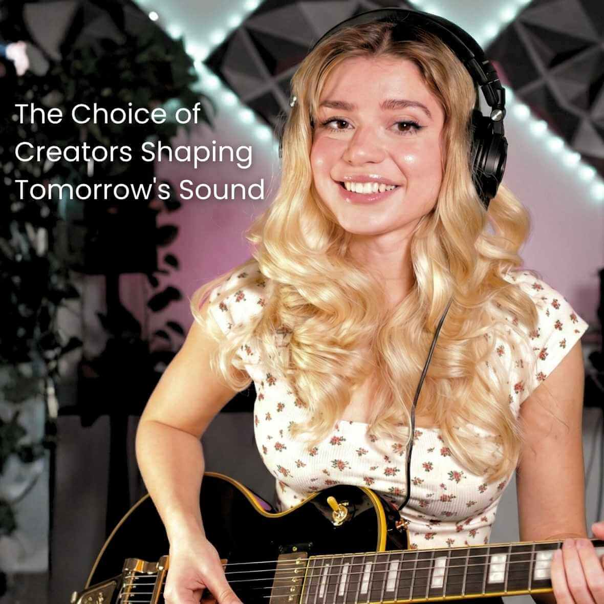 Woman with blonde hair and headphones holding a guitar, with text about creators shaping sound. CFG cable free guitar studiosphere monitoring headphones studio guitar bass drums