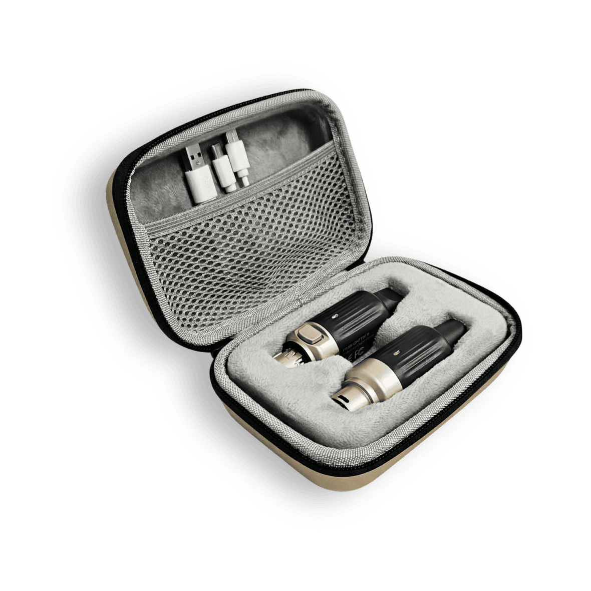 gold colored carrying case with gray interior holding two black and gold electronic devices on a transparent background CFG cable free guitar Protective Carry Case for CFG XL-aiR Wireless XLR Mic System