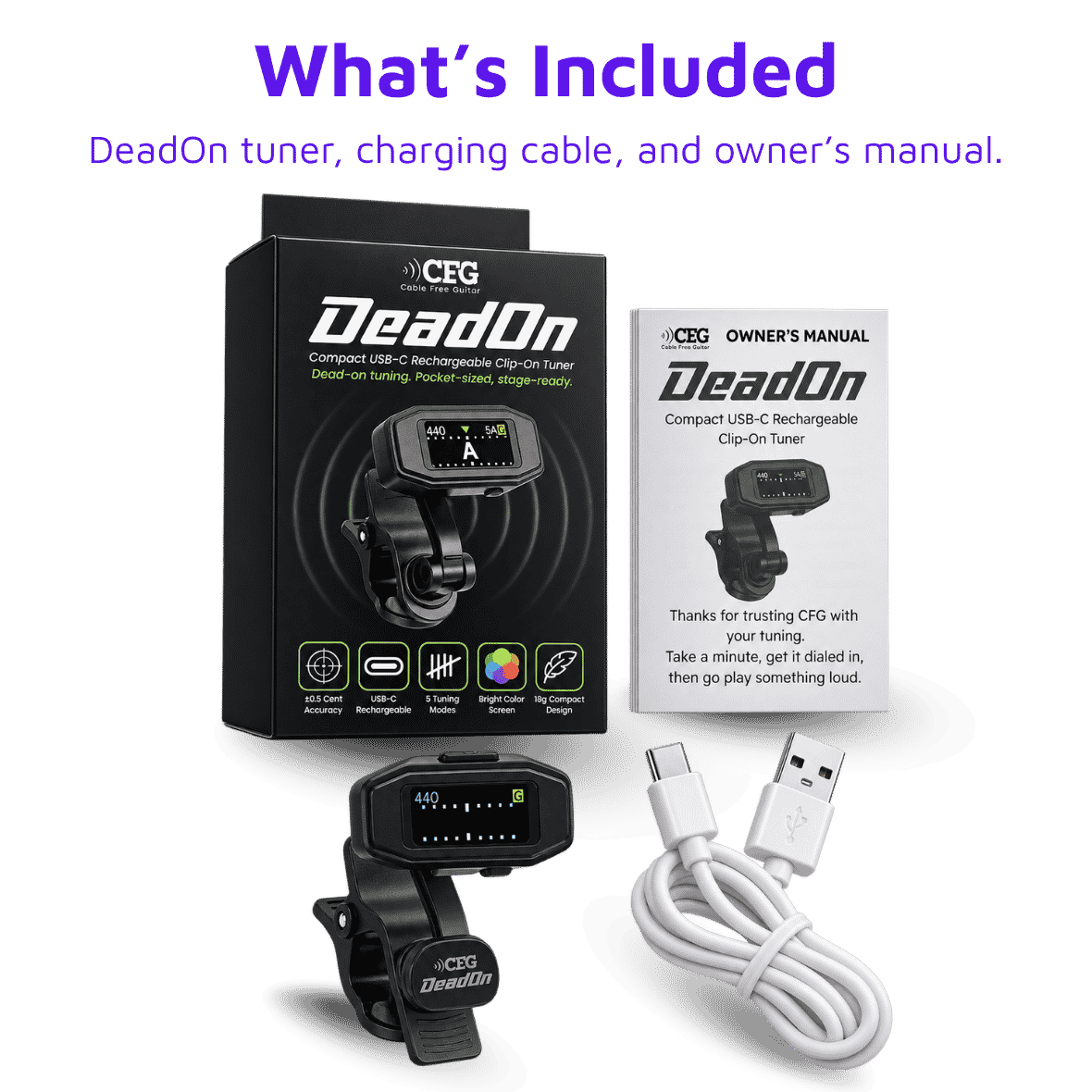 DeadOn clip-on guitar tuner for guitar bass violin ukulele chromatic by CFG cable free guitar 